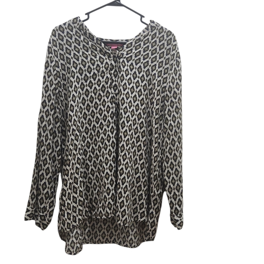 WOMAN WITHIN Geometric Print Blouse Size L 18/20 Black Tan Casual Popover